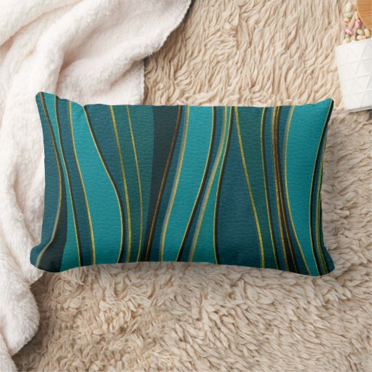 ティール(緑がかった色)の革および金ゴールドの海の波パターン ランバークッション (ブランケット)