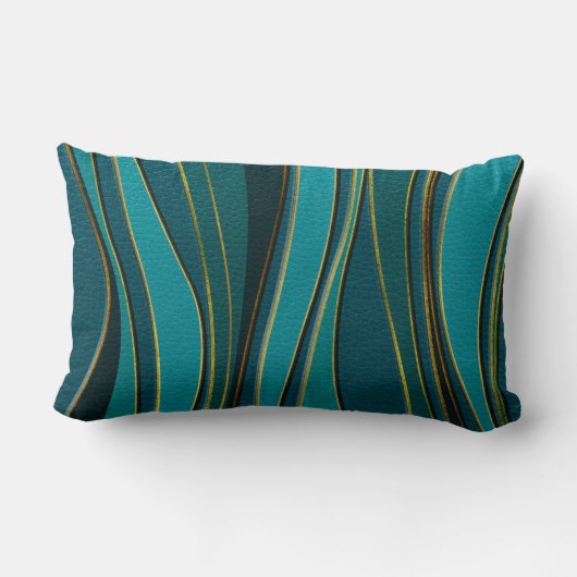 ティール(緑がかった色)の革および金ゴールドの海の波パターン ランバークッション (裏面)