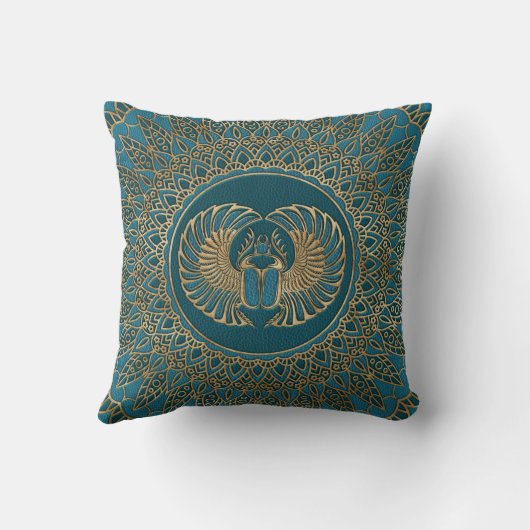 ティール(緑がかった色)の革のエジプトのオオタマオシコガネのカブトムシの金ゴールド クッション (裏面)