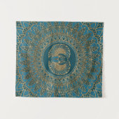 ティール（緑がかった色）の革のエジプトのオオタマオシコガネのカブトムシの金ゴールド タペストリー (正面(横))