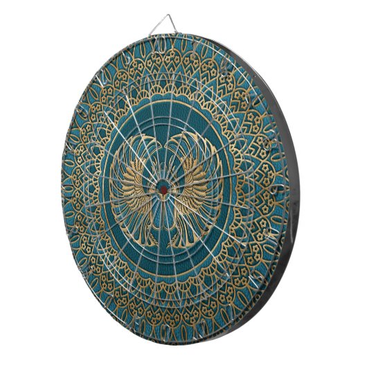 ティール（緑がかった色）の革のエジプトのオオタマオシコガネのカブトムシの金ゴールド ダーツボード (正面右)