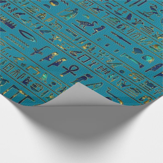 ティール(緑がかった色)の革質のエジプトのヒエログリフ ラッピングペーパー (角)