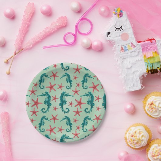 ティール（緑がかった色）の馬のパターン ペーパープレート (パーティー)