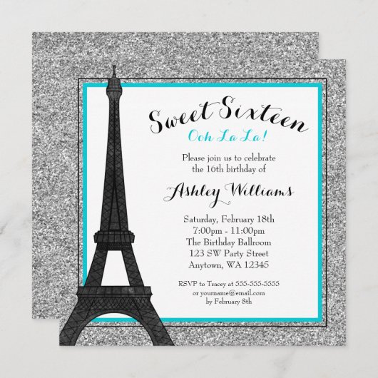 ティール（緑がかった色）の魅力的なパリのテーマのフェイクなグリッターの菓子16 招待状 (正面/裏面)