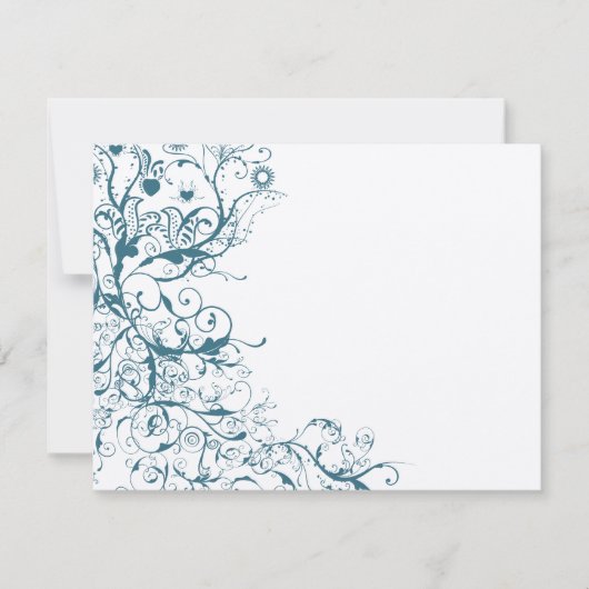 ティール（緑がかった色）の鳥と渦巻き結婚式RSVPカード 出欠カード (正面)