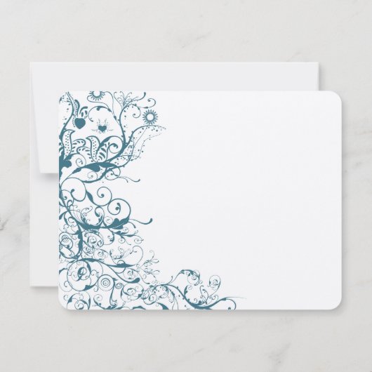 ティール（緑がかった色）の鳥と渦巻き結婚式RSVP応答カード 出欠カード (裏面)