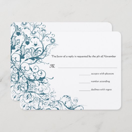 ティール（緑がかった色）の鳥と渦巻き結婚式RSVP応答カード 出欠カード (正面/裏面)
