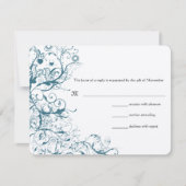 ティール（緑がかった色）の鳥と渦巻き結婚式RSVP応答カード 出欠カード (正面)