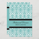 ティール（緑がかった色）の黒いダマスク織のリハーサルのディナー・パーティ 招待状 (正面/裏面)