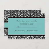 ティール(緑がかった色)の黒いダマスク織RSVPの結婚式の招待状 出欠カード (正面/裏面)