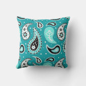 ティール(緑がかった色)の黒いペイズリーパターン装飾的な枕 クッション (裏面)