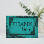 ティール（緑がかった色）の黒いレースのゴシック様式結婚式のサンキューカード サンキューカード (スタンド正面)