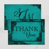 ティール（緑がかった色）の黒いレースのゴシック様式結婚式のサンキューカード サンキューカード (正面/裏面)