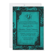 ティール（緑がかった色）の黒いレースのゴシック様式結婚式招待状カード