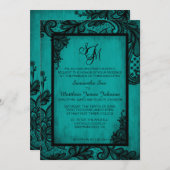 ティール（緑がかった色）の黒いレースのゴシック様式結婚式招待状カード 招待状 (正面/裏面)