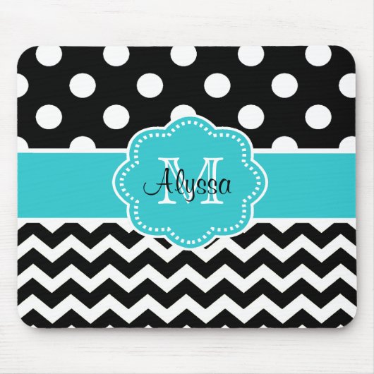 ティール(緑がかった色)の黒い点のシェブロンのパーソナライズなマウスパッド マウスパッド (正面)