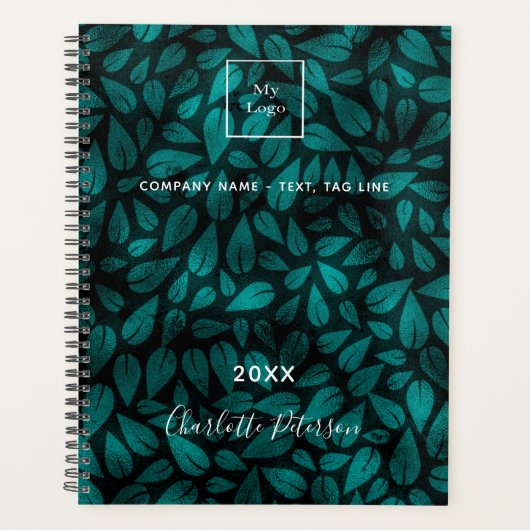 ティール(緑がかった色)の黒い葉離れのビジネスのロゴ プランナー手帳 (正面)