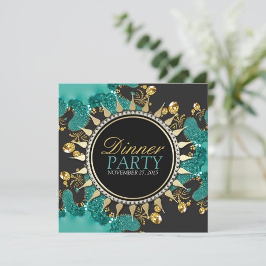 ティール(緑がかった色)の黒い金ゴールドのフラクタルの渦巻のディナー・パーティの招待 招待状 (スタンド正面)