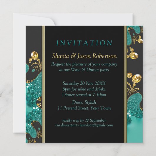 ティール(緑がかった色)の黒い金ゴールドのフラクタルの渦巻のディナー・パーティの招待 招待状 (裏面)