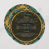 ティール（緑がかった色）の黒い金ゴールドの東の円形の結婚式メニューカード メニュー (正面/裏面)