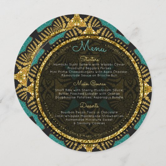 ティール（緑がかった色）の黒い金ゴールドの東の円形の結婚式メニューカード メニュー (正面/裏面)
