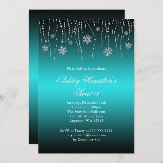 ティール（緑がかった色）の黒い雪片の菓子16冬の不思議の国 招待状 (正面/裏面)