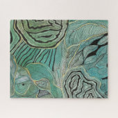 ティール(緑がかった色)の黒によって落書きされる葉および金ゴールドは困惑します ジグソーパズル (横)