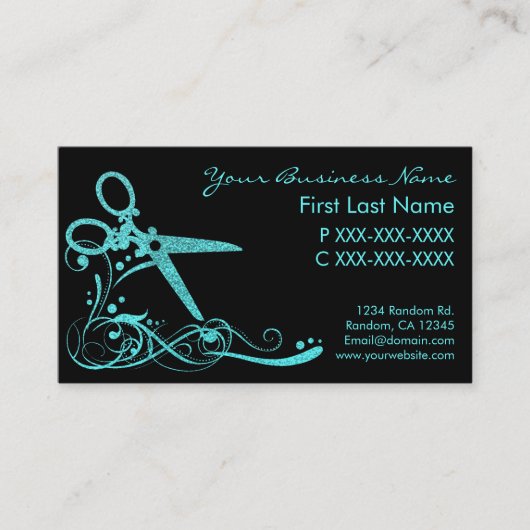 ティール(緑がかった色)の黒のグリッターの渦巻の毛は名刺を切りました 名刺 (正面)