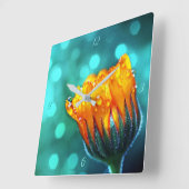 ティール(緑がかった色)の《写真》ぼけ味の金マリーゴールド スクエア壁時計 (傾斜)