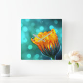 ティール(緑がかった色)の《写真》ぼけ味の金マリーゴールド スクエア壁時計 (ホーム)