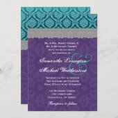 ティール(緑がかった色)の、紫色および灰色のレースの結婚式のモノグラムG500E3 招待状 (正面/裏面)