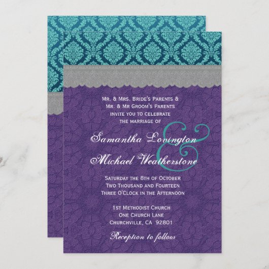ティール（緑がかった色）の、紫色および灰色のレースの結婚式のモノグラムG500E3 招待状 (正面/裏面)