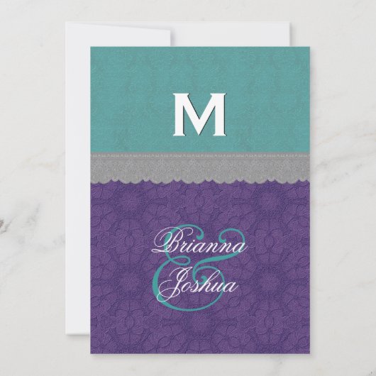 ティール（緑がかった色）の、紫色および灰色のレースの結婚式のモノグラムG500E4 招待状 (裏面)