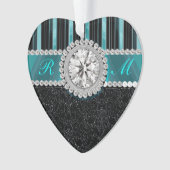 ティール（緑がかった色）の、銀製および黒ダイヤのモノグラム オーナメント (正面)