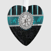 ティール（緑がかった色）の、銀製および黒ダイヤのモノグラム オーナメント (正面)