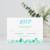 ティール(緑がかった色)のRSVP緑の水彩画の生命の樹 出欠カード (スタンド正面)