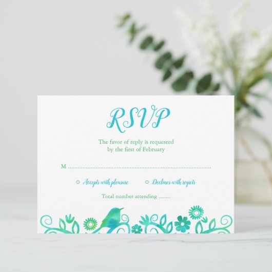 ティール（緑がかった色）のRSVP緑の水彩画の生命の樹 出欠カード (スタンド正面)