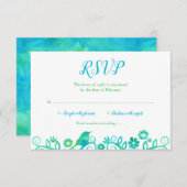 ティール(緑がかった色)のRSVP緑の水彩画の生命の樹 出欠カード (正面/裏面)