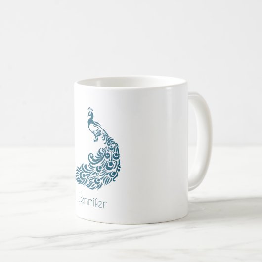 ティール（緑がかった色）はっきりしたピーコッスタイリッシュク&アールデコパーソナライズされた コーヒーマグカップ (正面右)