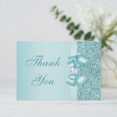 ティール（緑がかった色）はスパンコールの弓を印刷しました及びダイヤモンドは感謝していしています サンキューカード (スタンド正面)