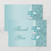ティール（緑がかった色）はスパンコールの弓を印刷しました及びダイヤモンドは感謝していしています サンキューカード (正面/裏面)