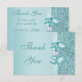 ティール(緑がかった色)はスパンコールの弓を印刷しました及びダイヤモンドは感謝していしています サンキューカード (正面/裏面)