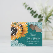 ティール(緑がかった色)ひまわりウェディング日付はがき保存 案内ポストカード (スタンド正面)