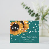 ティール(緑がかった色)ひまわりウェディング日付はがき保存 案内ポストカード (スタンド正面)