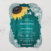ティール（緑がかった色）ひまわりウッドフローラレース結婚ズ 招待状 (正面/裏面)