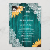 ティール（緑がかった色）ひまわりウッドフローラレース結婚ズ 招待状 (正面/裏面)