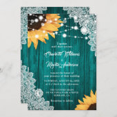 ティール（緑がかった色）ひまわりウッドフローラレース結婚ズ 招待状 (正面/裏面)
