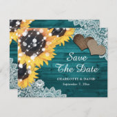 ティール（緑がかった色）ひまわりウッドレースバーラップハート結婚 案内状 (正面/裏面)