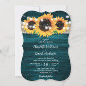 ティール(緑がかった色)ひまわりストリングライツバーラップウッド結婚ズ 招待状 (正面)