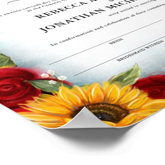 ティール（緑がかった色）ひまわりバラ結婚婚姻証明書 ポスター (角)